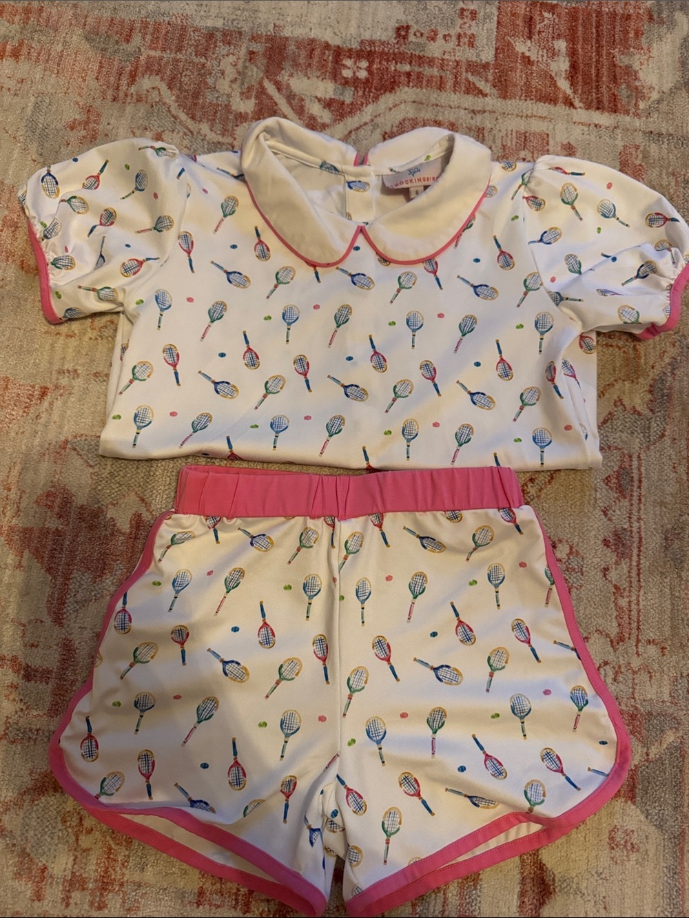 Girls White and Pink Tennis Racket Matching Set with Peter Pan Collar